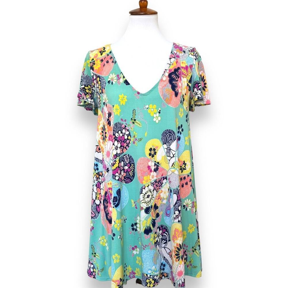 Judith March Swing Mini Dress Multicolor Floral Short Sleeve V Neck Lined SMALL